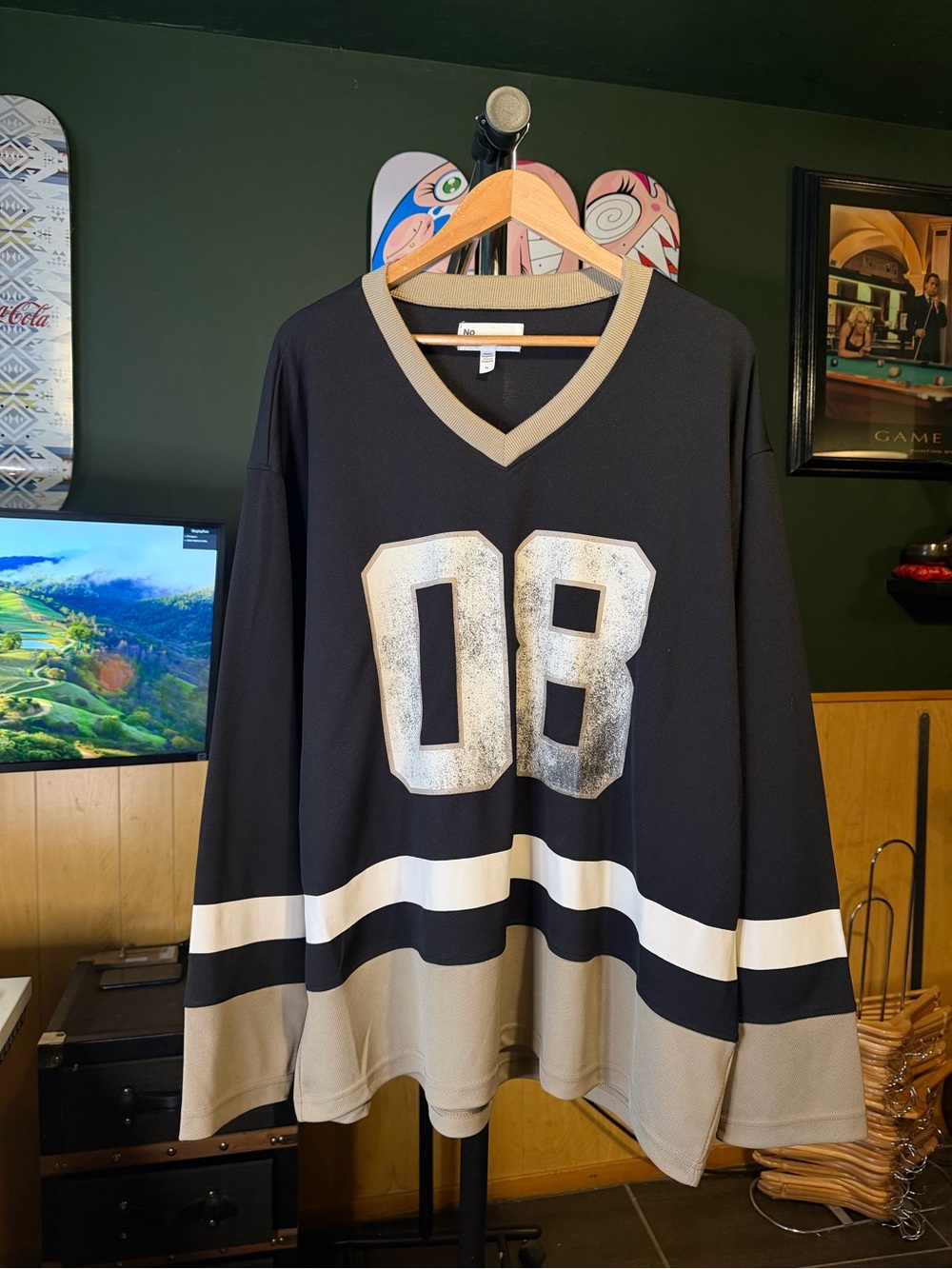 08 Jersey No Boundaries Black V-Neck Hockey Sweater with Tan and White Accents